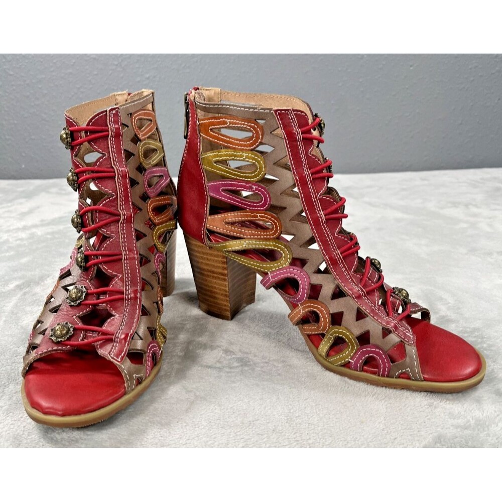 L'Artiste by Spring Step Alejandra Red Multi Leather Lace Up Sandals Sz 40 US 9